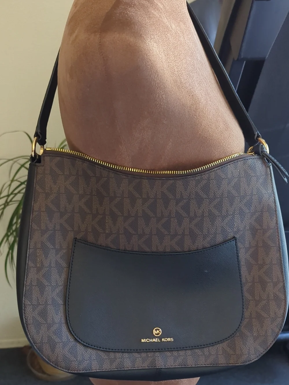 Michael Kors Brown MK Monogram Hobo with Black Front Pocket